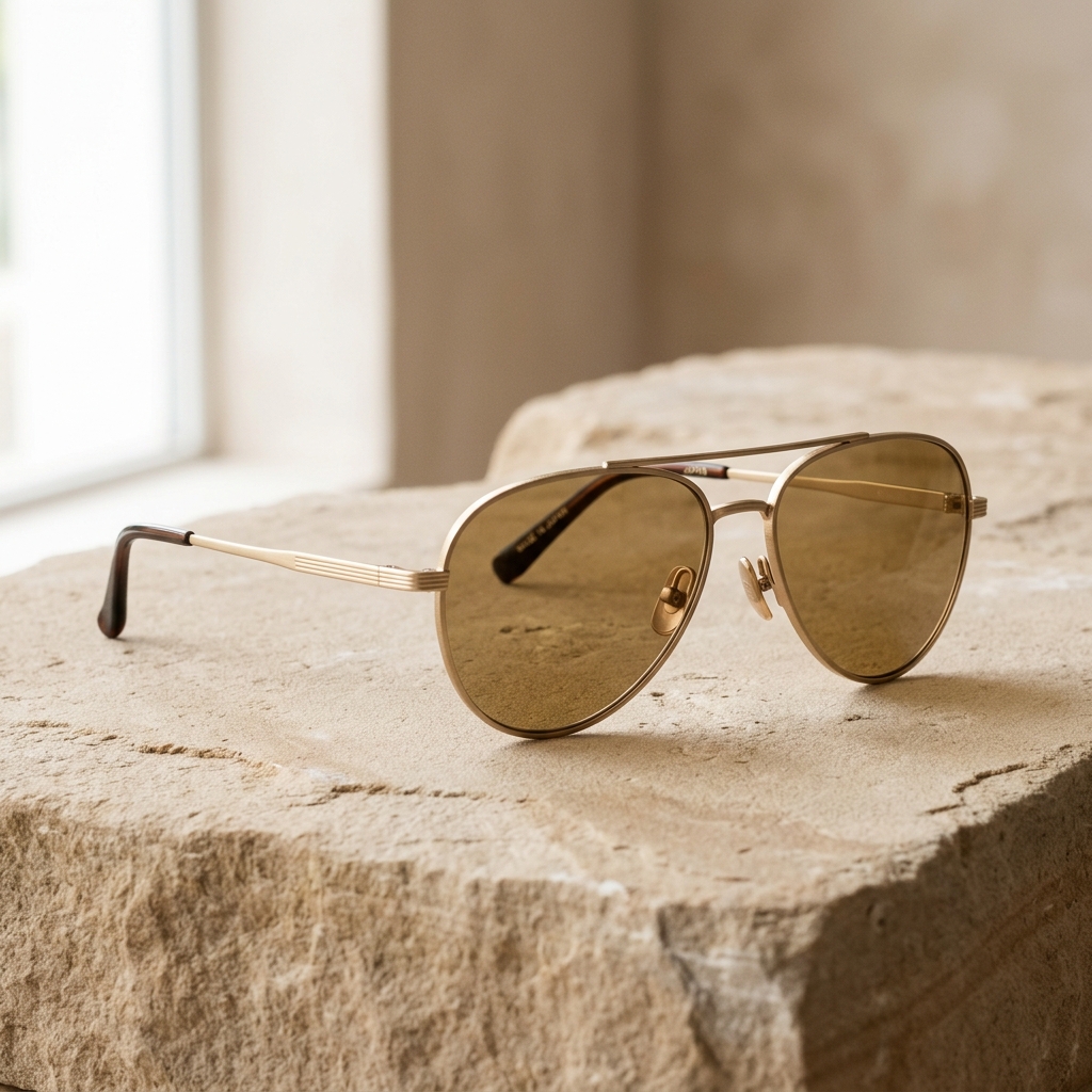 Gold Atelier aviator sunglasses displayed on textured stone