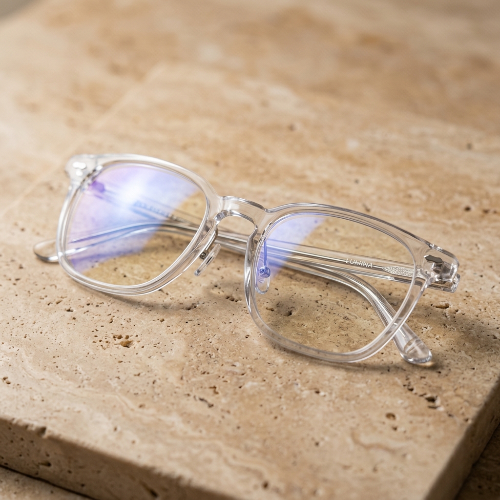 Clear acetate Solis eyeglasses on a warm stone surface